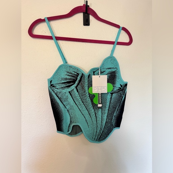 NWT PH5 Camellia Denim Print Tank Top Knit Corset Asymmetrical Blue Black Medium - Picture 5 of 12